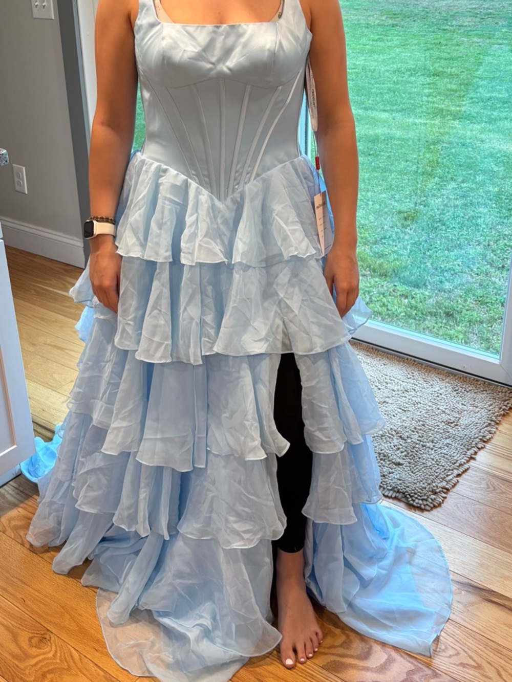PromGirl Light Blue Tiered Ruffle Prom Dress with Square Neck - Picture 5 of 5